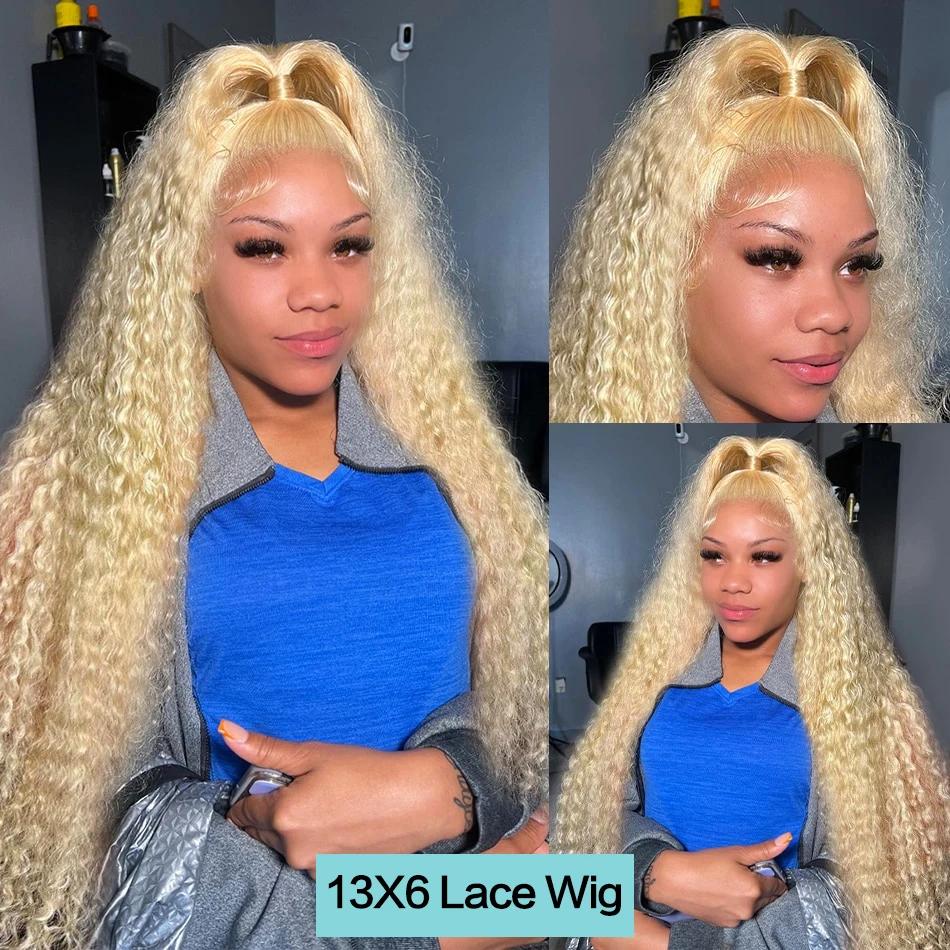 36 cali 250% 613 miodowo-blond kolor 13x4 głębokie luźne fale przezroczyste peruki typu Lace front Remy wodne kręcone damskie ludzkie włosy