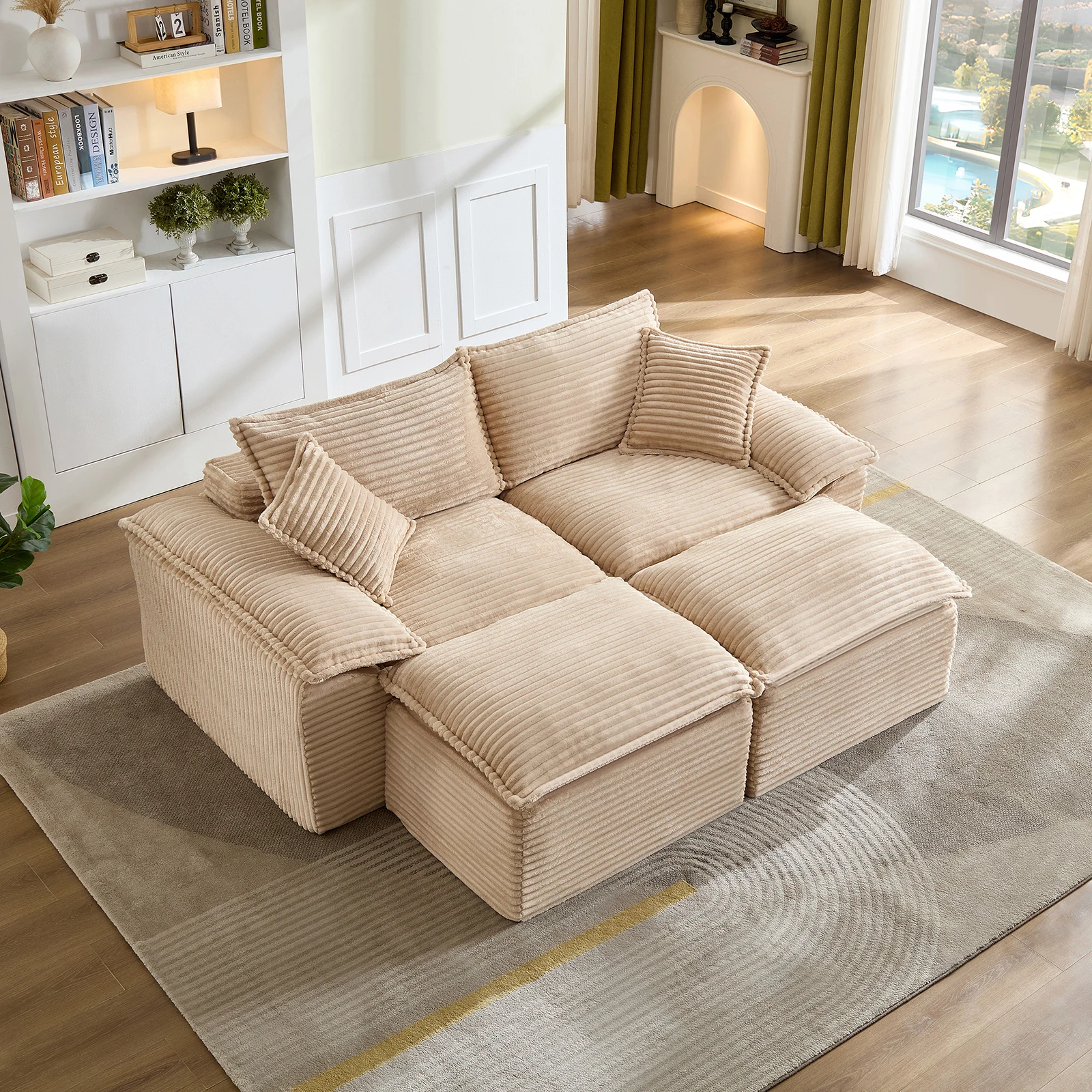 Canapé d'angle modulaire pour salon, canapé en velours côtelé blanc crème avec chaise longue, mousse à mémoire de forme, non assemblé, support ergonomique, 206 × 158 cm