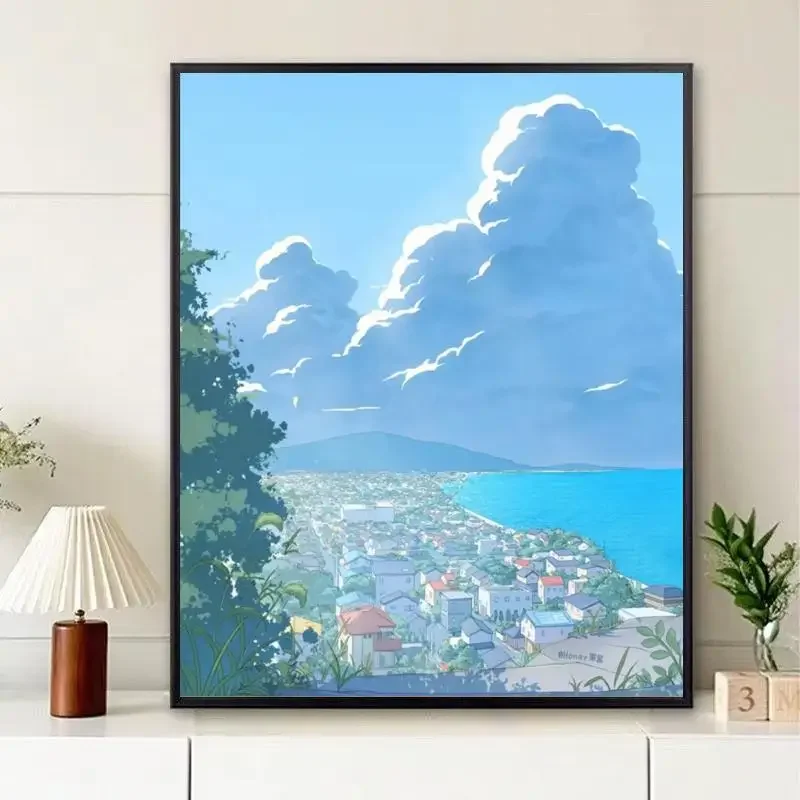 DIY Paint By Numbers Cartoon Landscape Animation Seascape Beautiful Oil Painting for Adult and Kids Japanese Anime Home Decor