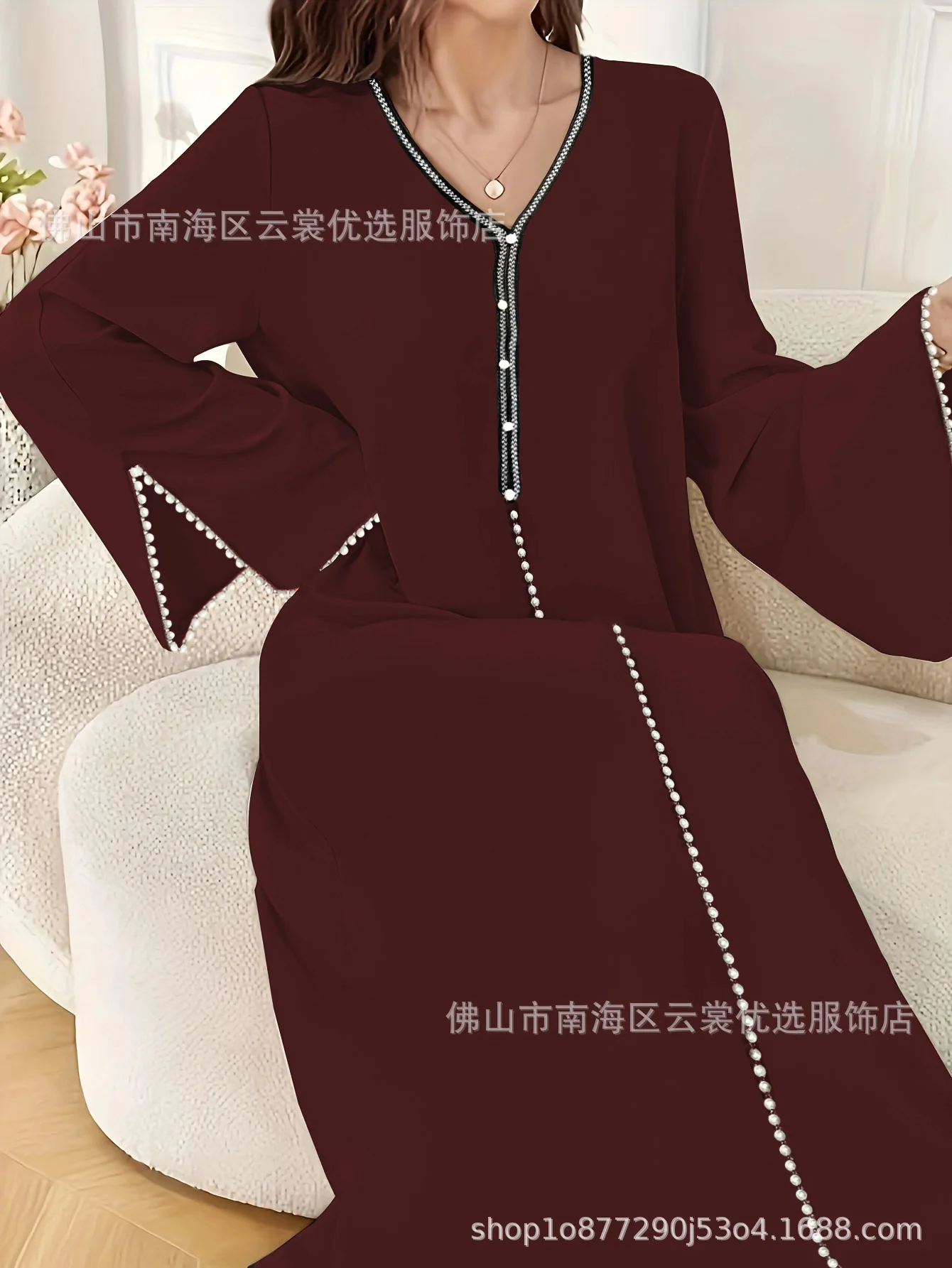 Eid Abito da donna Abaya musulmano con scollo a V Perle Abiti Largos Party Caftano Jalabiya Ramadan Abiti lunghi Dubai Arabo Abito lungo 2025