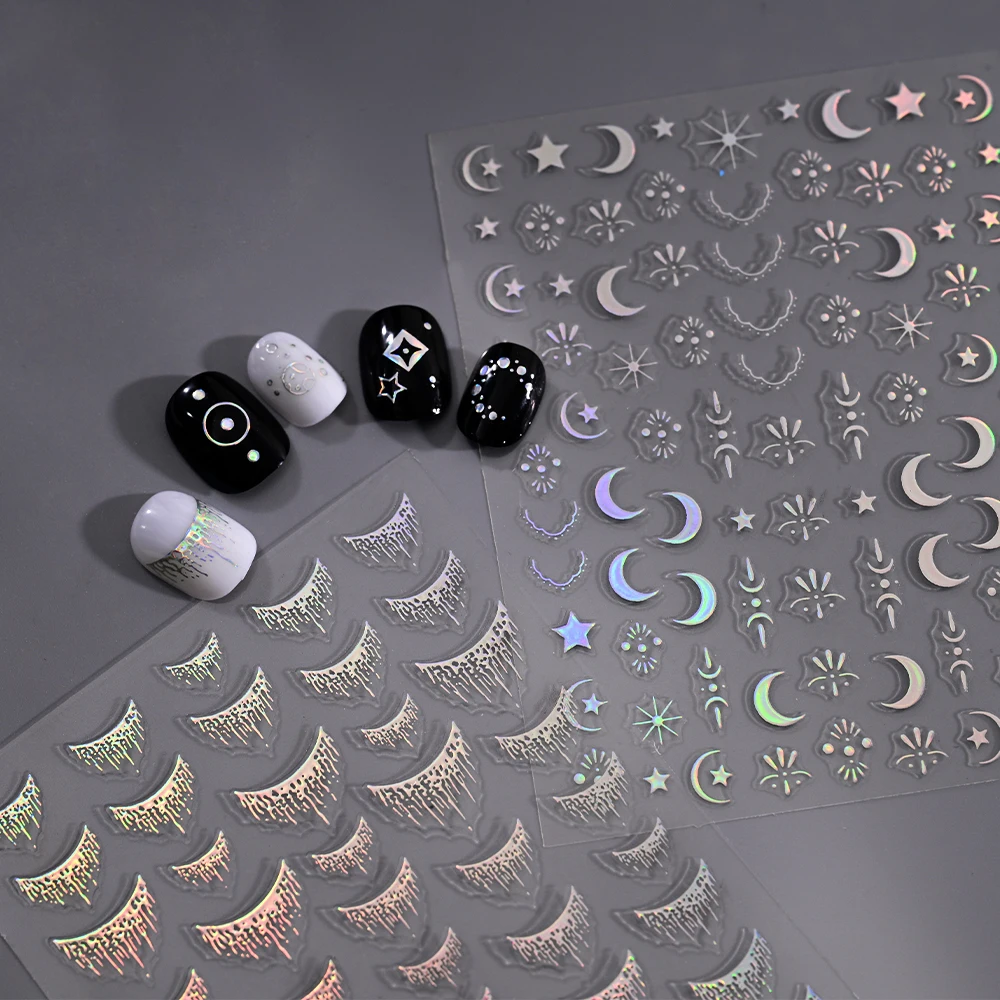 12pcs 5D Shiny French Tassel Nail Stickers Laser Silver Moon/Star/Lines Nail Decals Charming Self Adhesive French Design Manicur
