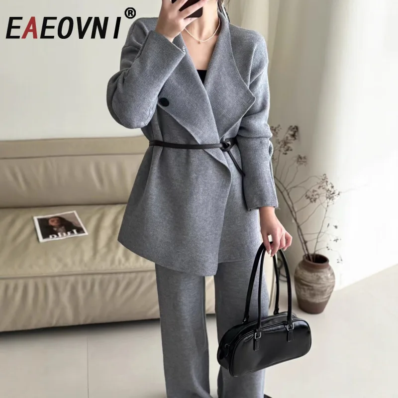 

EAEOVNI, новый зимний вязаный женский комплект, однотонный свитер с поясом и присборенной талией + длинные брюки, брюки, новые модные комплекты одежды