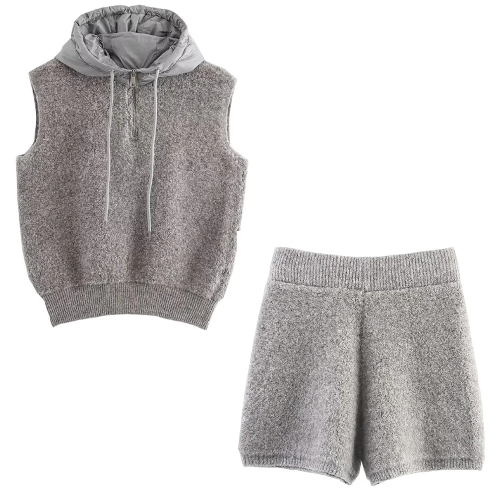 Willshela-Conjunto de 2 piezas para mujer, Sudadera con capucha y pantalones cortos sin mangas de Cachemira de oveja para primavera/otoño, trajes informales elegantes para mujer