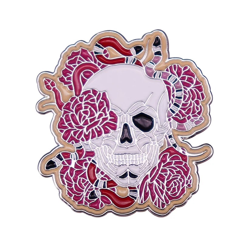 1PC Skull Rose Snake Gothic Tattoo Style Enamel Pin, Dark Romantic Brooch, Life And Death Aesthetics Jewelry Gift
