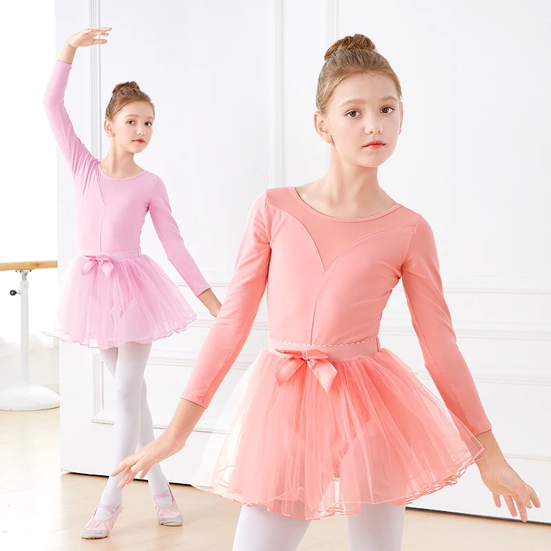 Girls Ballet Leotard Tulle Skirts Net Yarn Splicing Dance Leotards 2 Pieces Dance Suits Kids Pink Long Sleeve Ballet Bodysuits