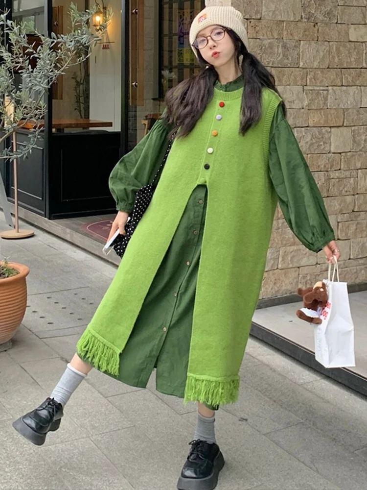 

Комплект женской одежды больших размеров для осени и зимы: длинное вязаное платье с бахромой, многослойное, с высокой талией, на пуговицах, для путешествий...