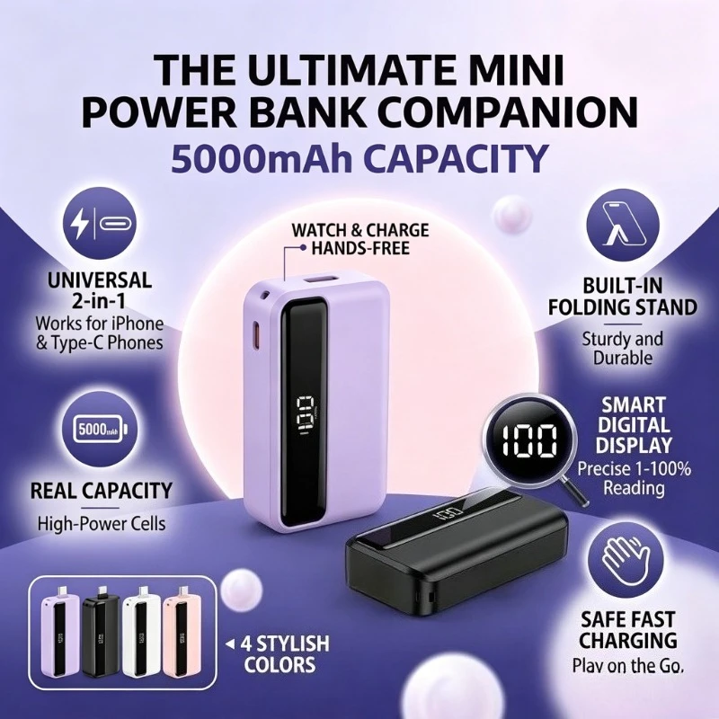 

5000mAh Small Size Portable Backup Battery Built Holder Digital Percentage Display Power Charger For iPhone Samsung Huawei