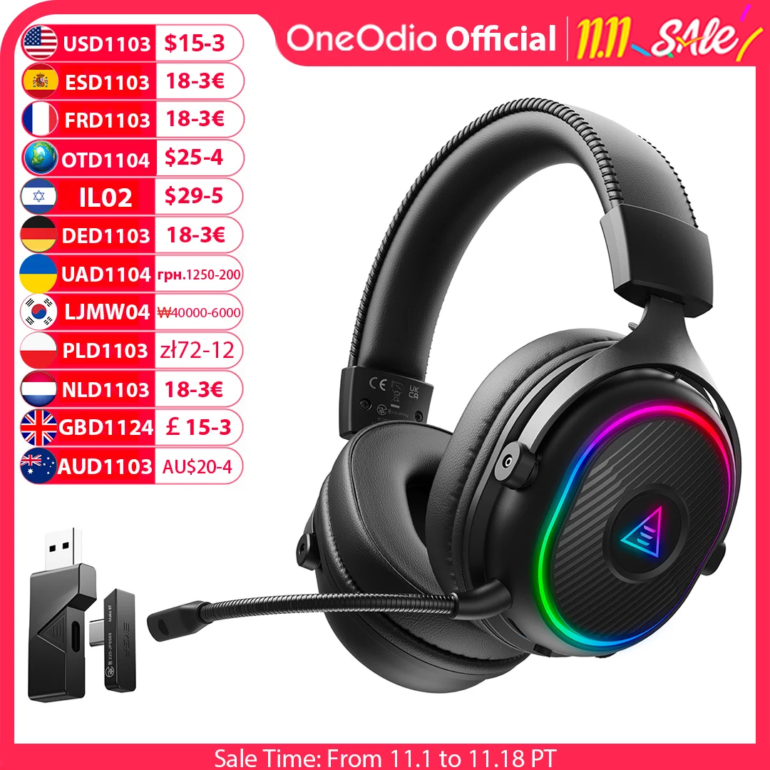 Oneodio EKSA MaKo BT Bluetooth Gaming Headset Over Ear 2.4GHz Wireless Headphones Gamer 20ms Low Latency With Mic for PC/PS4/PS5