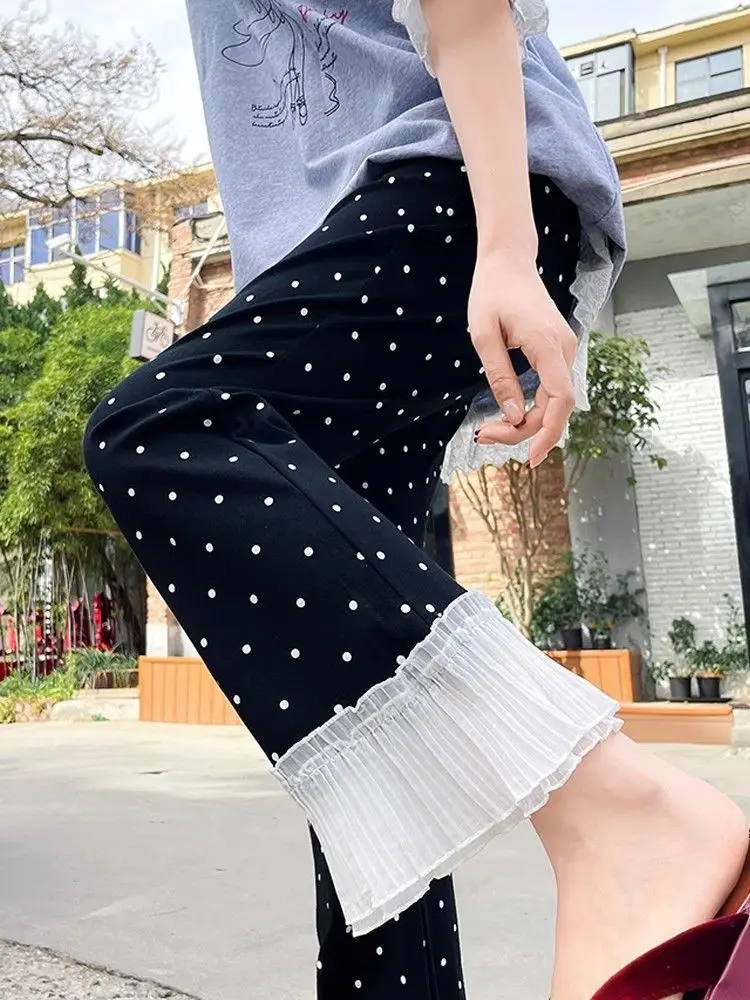Sweet Wind Lace Wide-leg Pants Women's Summer Elastic Waist Large Size Casual Polka Dot Nine-point Micro-pull Pants