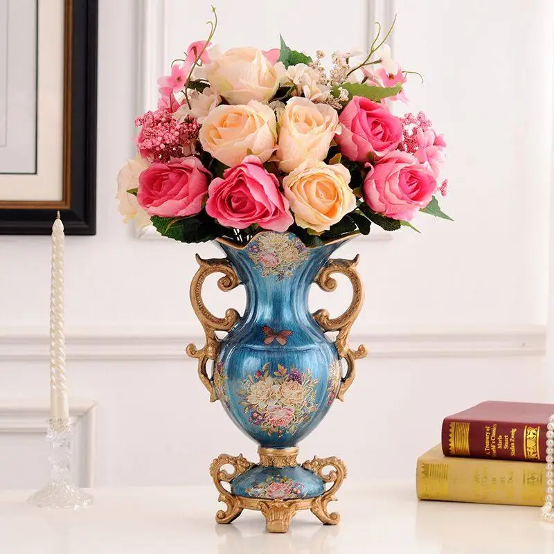 European Lagre Resin Vase+Artificial Flower Set Decor Home Livingroom Table Furnishings Decoration Crafts Office Figurines Art