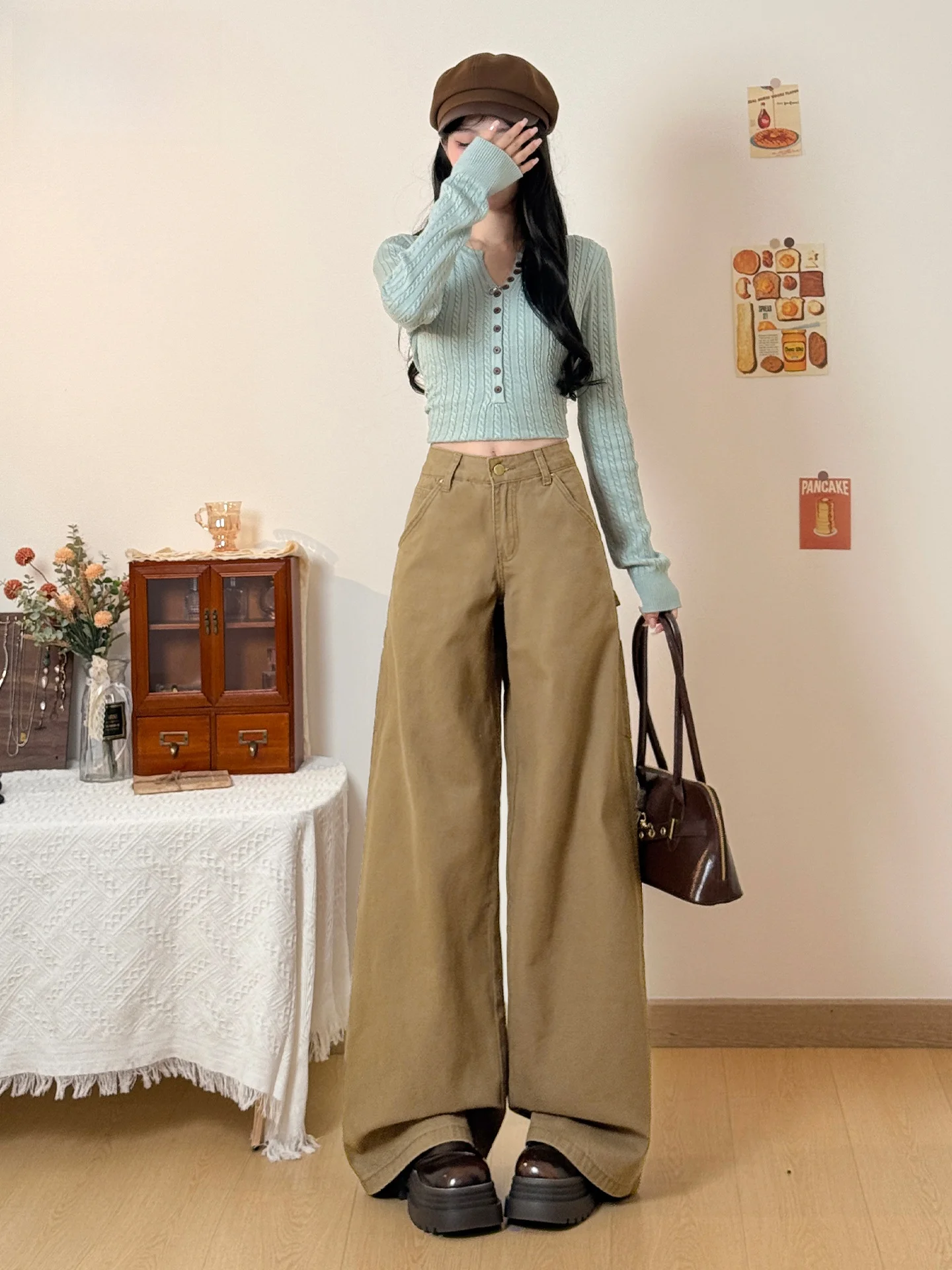 

Женские летние джинсы-клеш с высокой талией цвета хаки, утягивающие, необычного кроя, в американском уличном стиле, повседневные, из хлопкового денима