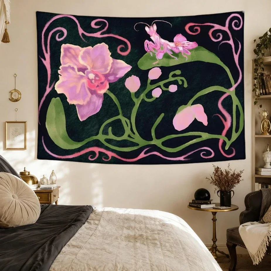 1pc Orchid Mantis Vintage Tapestry, Pink Floral Insect Wall Hanging, Suitable For University Dormitories, Bedrooms