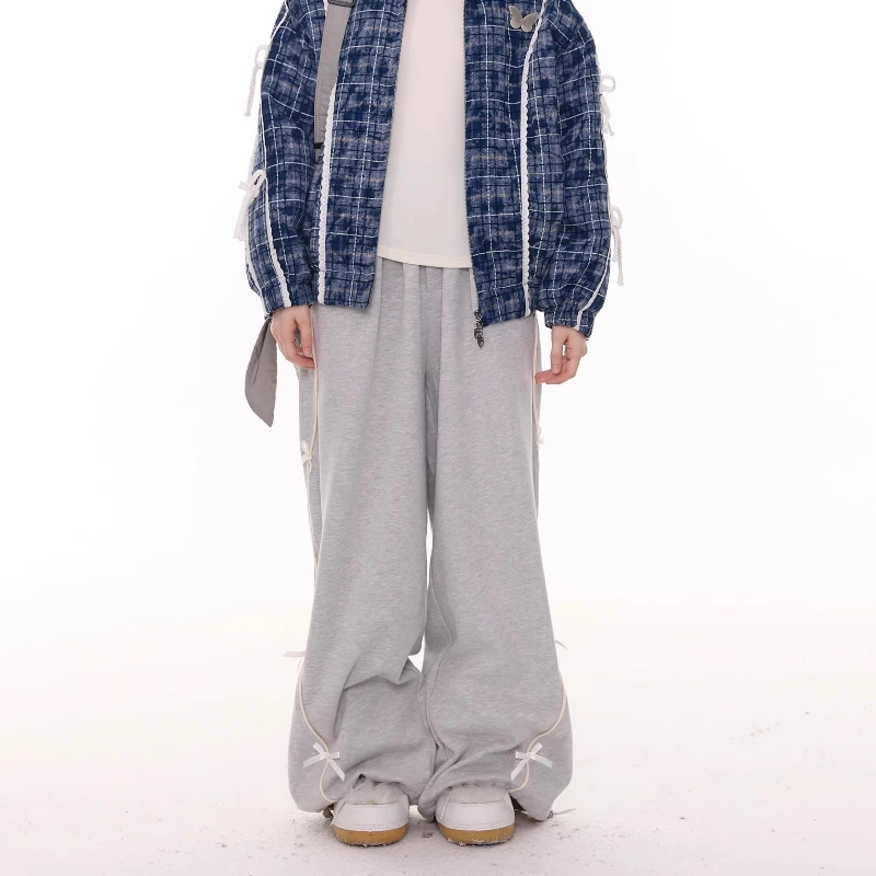 Autumn Design High-Waisted Slimming Bow Women's Long Pants American Retro Gray Loose Versatile Casual Wide-Leg Trousers Ladies