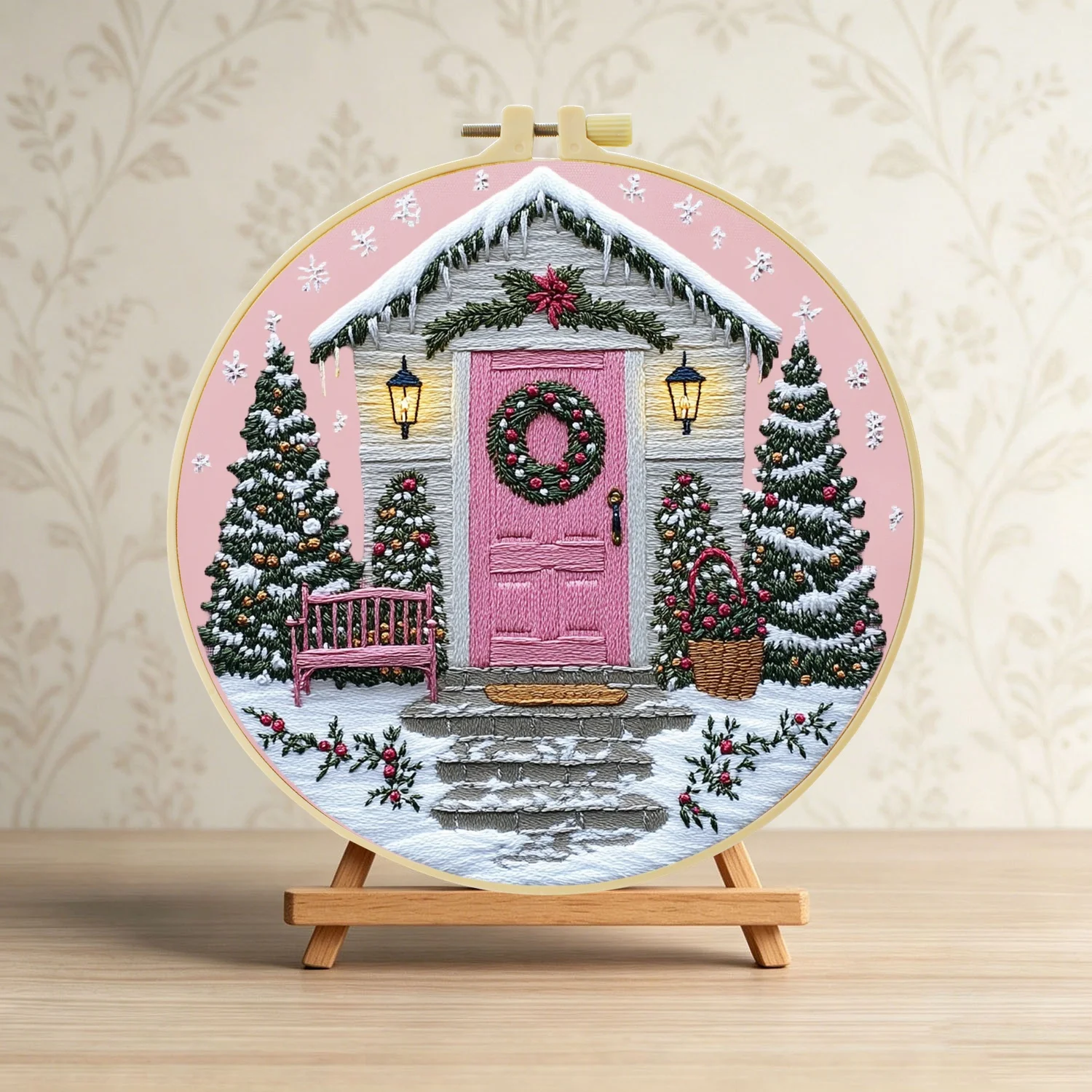 Rosa Tür Weihnachtsszene 1 Stück DIY Stickerei-Material-Set für Anfänger Stickerei-Starter-Kit Kreuzstich-Kunst als Geschenk Nadelarbeit – Detail 4