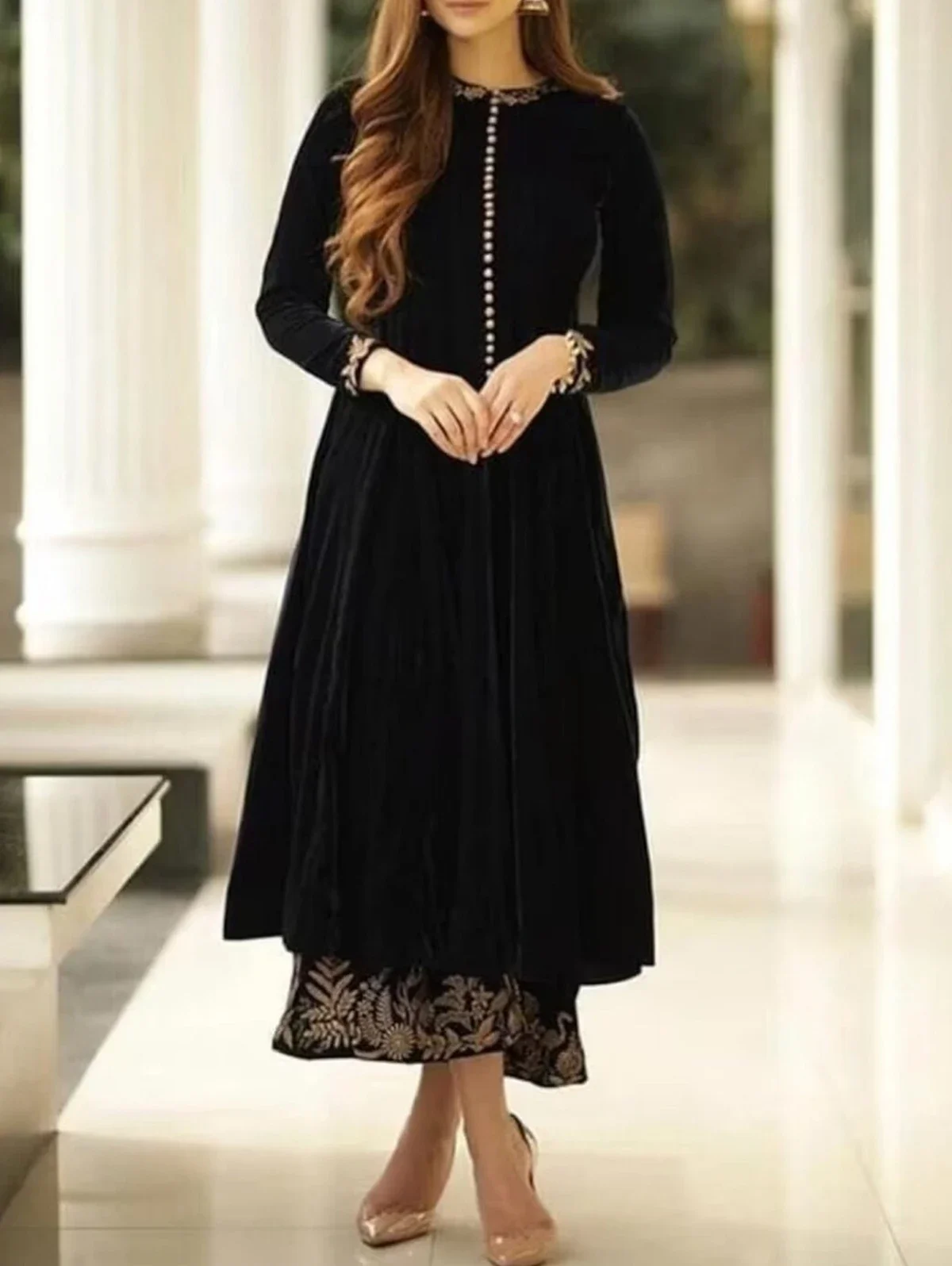 Velvet Vintage Women Maxi Dress Tribal Print Oversize O Neck Long Sleeves Evening Dress Elegant Pleated Luxury Party Prom Dress