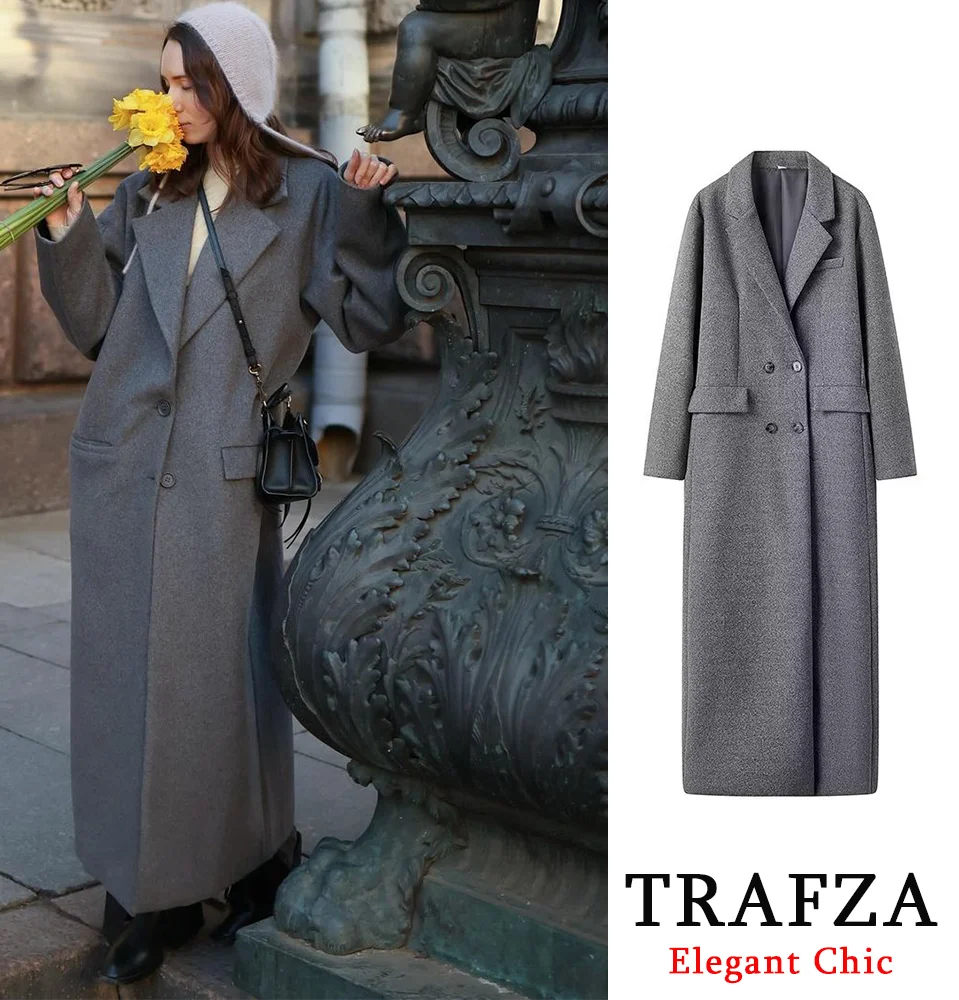 Women's Autumn Winter Urban Commuter Long Coat TRAFZA New Fashion Elegant Tweed Lapel Buttons Pocket Long Coat 2.3lb 52in Length