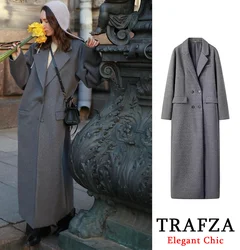 Women's Autumn Winter Urban Commuter Long Coat TRAFZA New Fashion Elegant Tweed Lapel Buttons Pocket Long Coat 2.3lb 52in Length