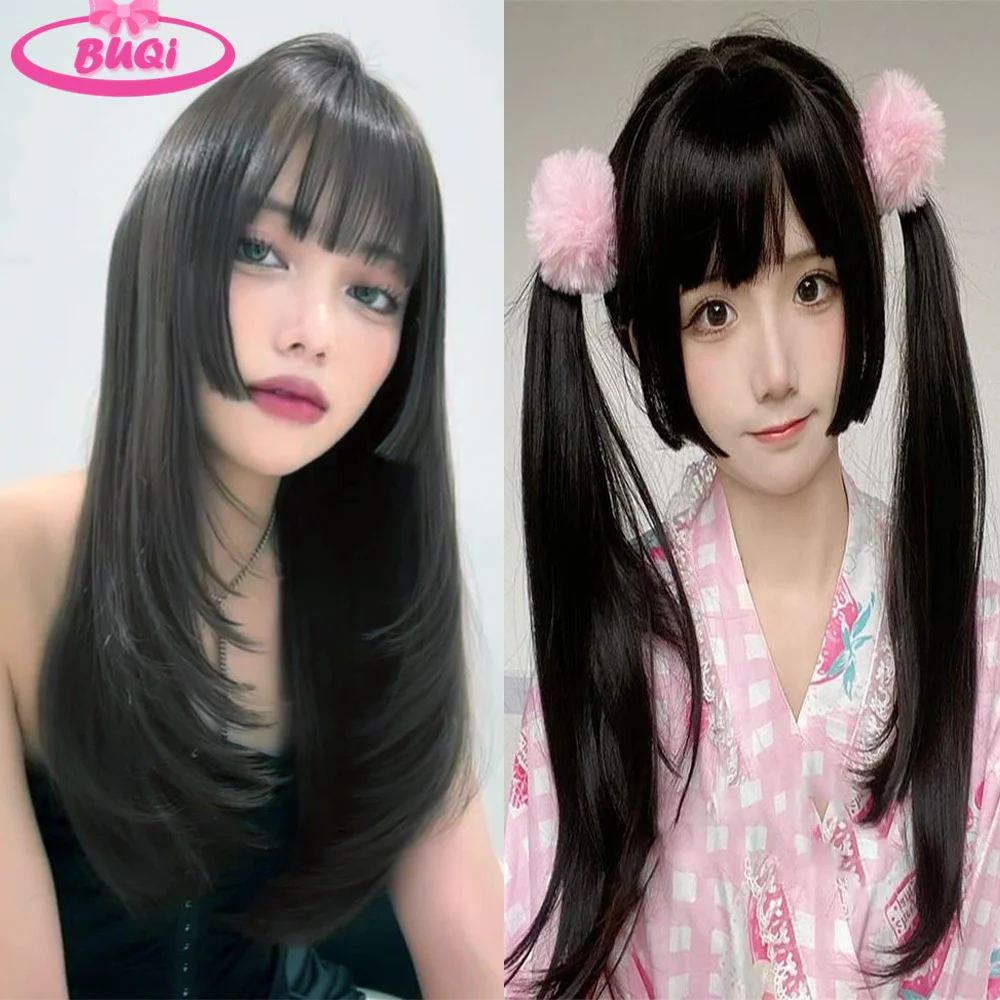 BUQI Princess Cut Bangs Hair Extension Synthetic Wig Piece Hime Cut Japanese Anime Liu Hais Synthetic Fake Bangs Hair Piece Clip