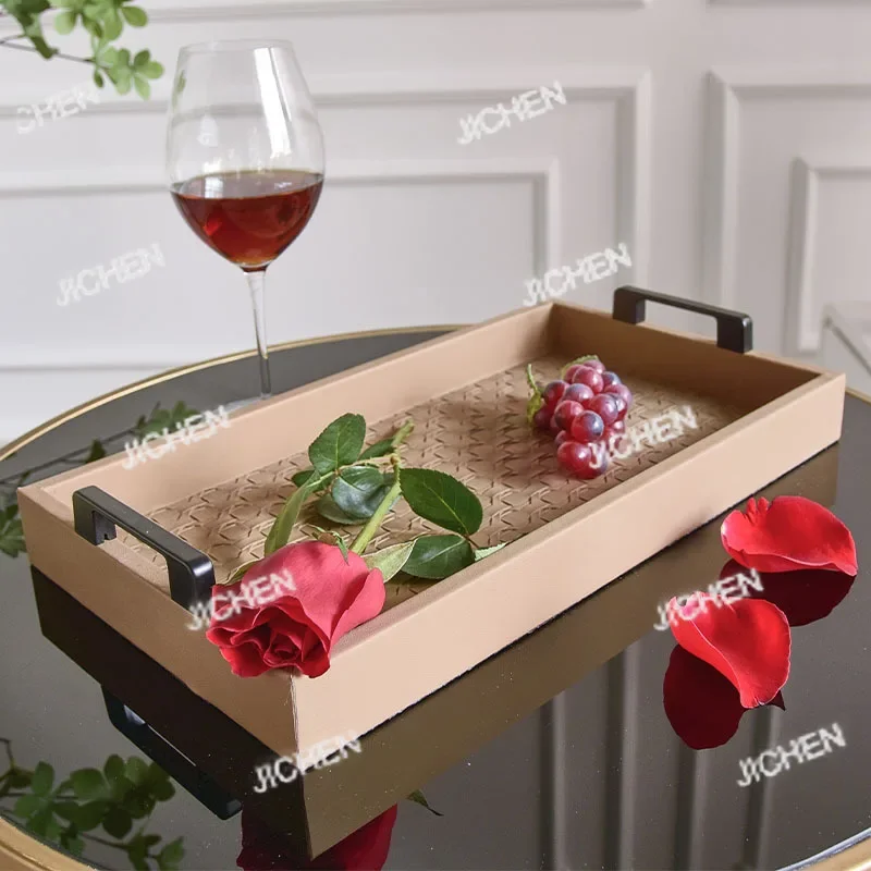 

Пасторальный простой прямоугольный гостиничный клуб, кожаный деревянный поднос ручной работы, бытовой поднос для фруктов, чайный поднос, чашка для воды