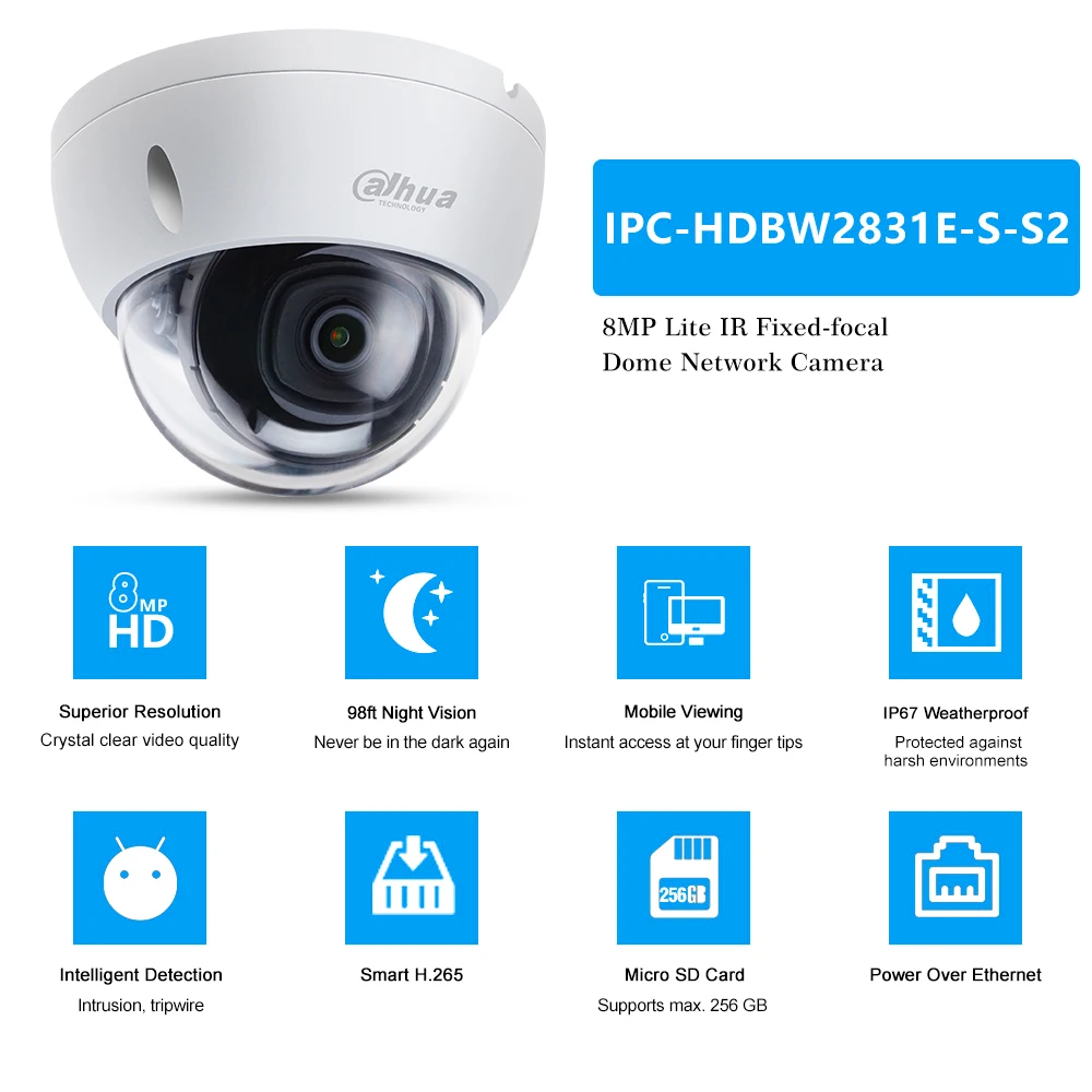 Dahua Original IPC-HDBW2831E-S-S2 8MP Lite IR30M POE Fixed-focal Dome Network Camera Intelligent&Abnormality Detection IP67&IK10