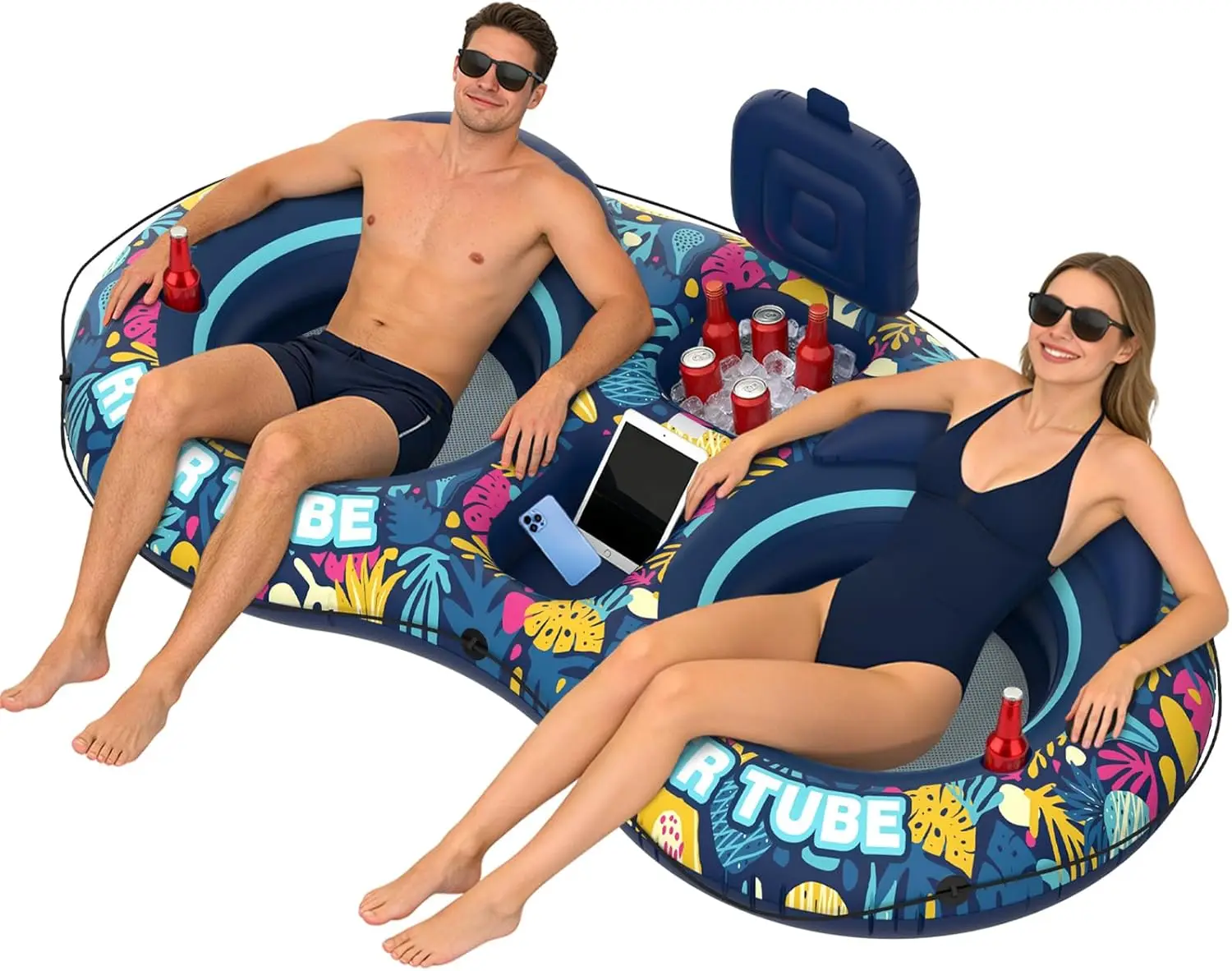 

2-Person Heavy Duty River Tube with Backrests, Built-in Cooler & Cup Holders for Lake, Pool, Tanning