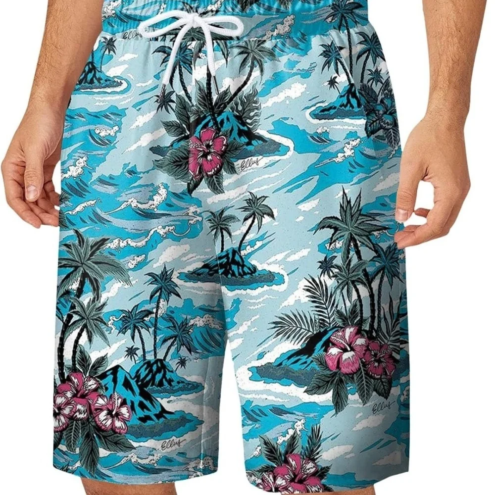 

Summer Beach Shorts with Tropical Pineapple Sailboat Print Drawstring Design for Vacation Daily Wear