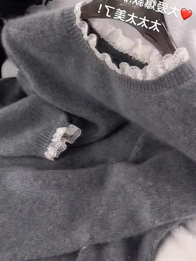 

Зимний вязаный свитер с кружевными вставками и длинными рукавами, мягкий, удобный, в стиле колор-блок, базовый слой, корейский стиль, свободный крой, женский