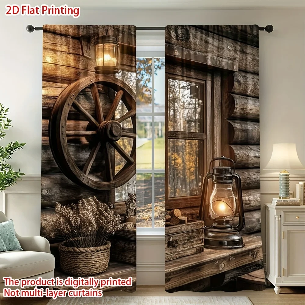 2D Flat - 2pcs Rustic Cabin Curtains Wooden Wheel Lantern Window Drapes Farmhouse Living Room Decor Vintage Shade