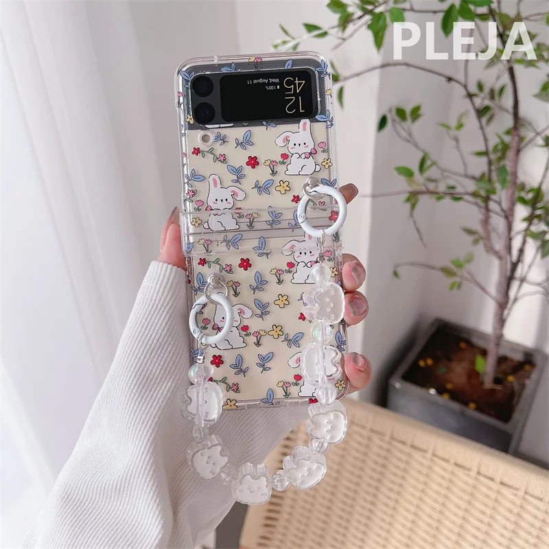 Korean Cute Flower Rabbit Chain Phone Case For Samsung Galaxy Z Flip 6 5 4 3 Z Flip3 Flip4 5G Cover Kawaii Cartoon Hinge Cases