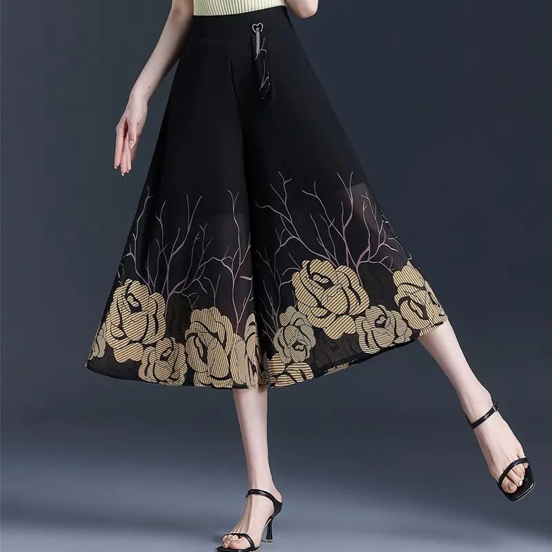 Chiffon kuitlengte broek zomer dunne hoge taille losse casual afdrukken wijde pijpen broek dameskleding all-match zakbroek