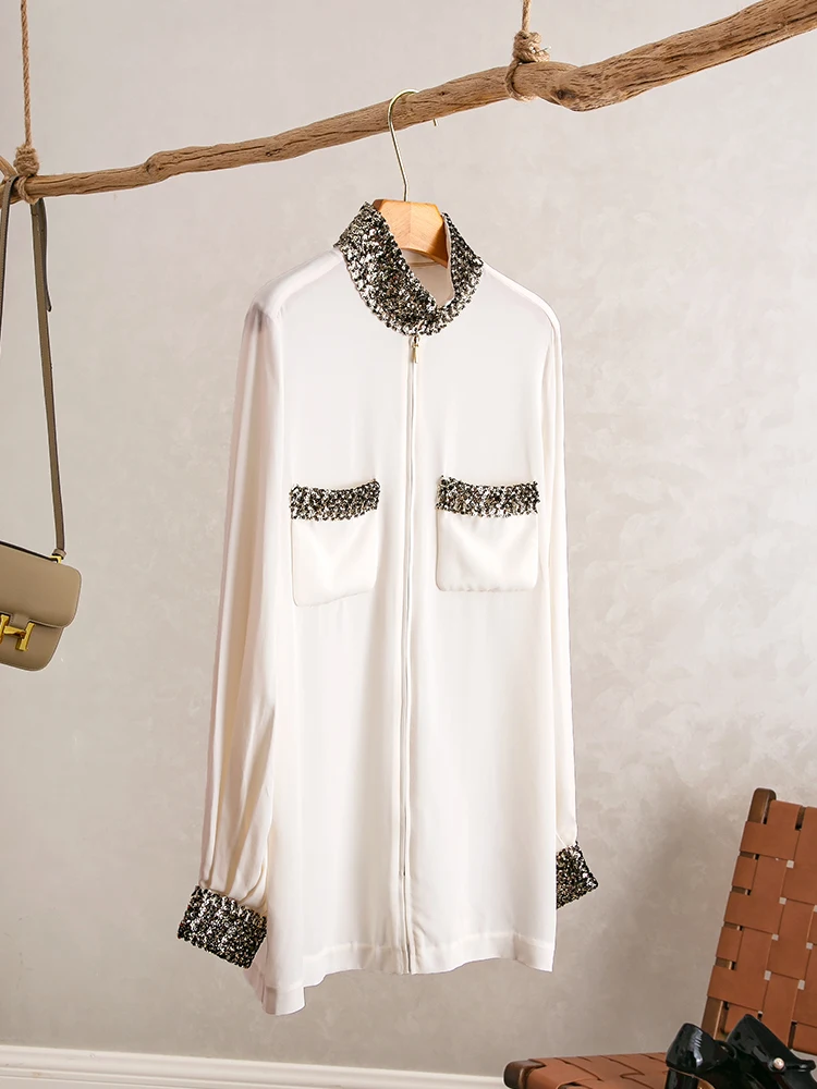 

Женская блузка Ele YongLeap Silk с воротником-стойкой, расшитая бисером, длинная, универсальная, свободного кроя, для повседневной носки, весенняя новинка