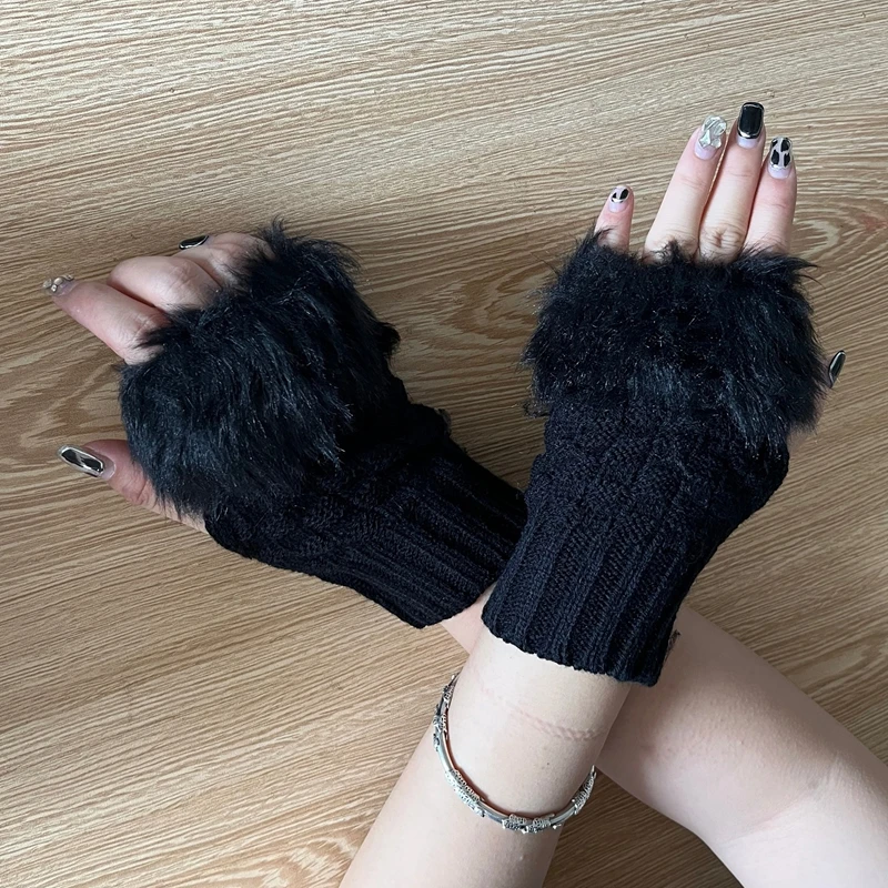 Nail Printing Photo Props Winter Knitted Fluffy Fingerless Mittens Plush Decoration Gloves Manicure Showing Accessories
