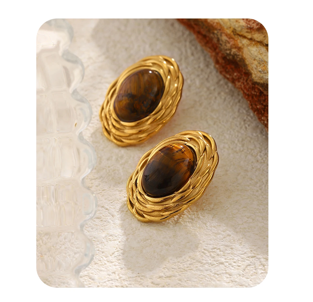 E.B.belle Retro Ovale Tigerauge Ohrstecker 18K Vergoldeter Edelstahl Ohrringe Luxus-Schmuck für Frauen Ohrring Geschenk – Detail 7