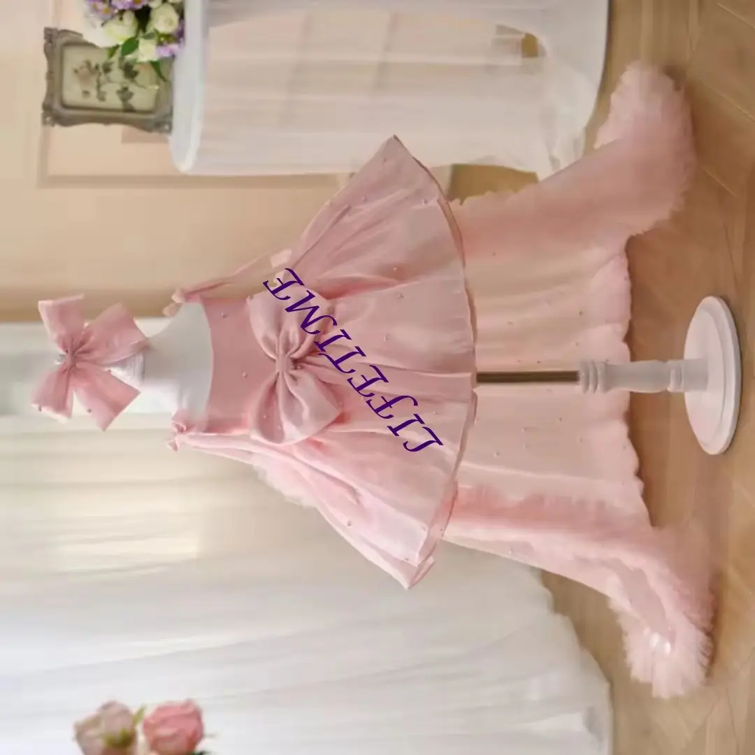 

Sage Green Flower Girl Dress Customized Baby Layered Pearls Tulle Sequins Bow Kids Birthday Party Infant Gown