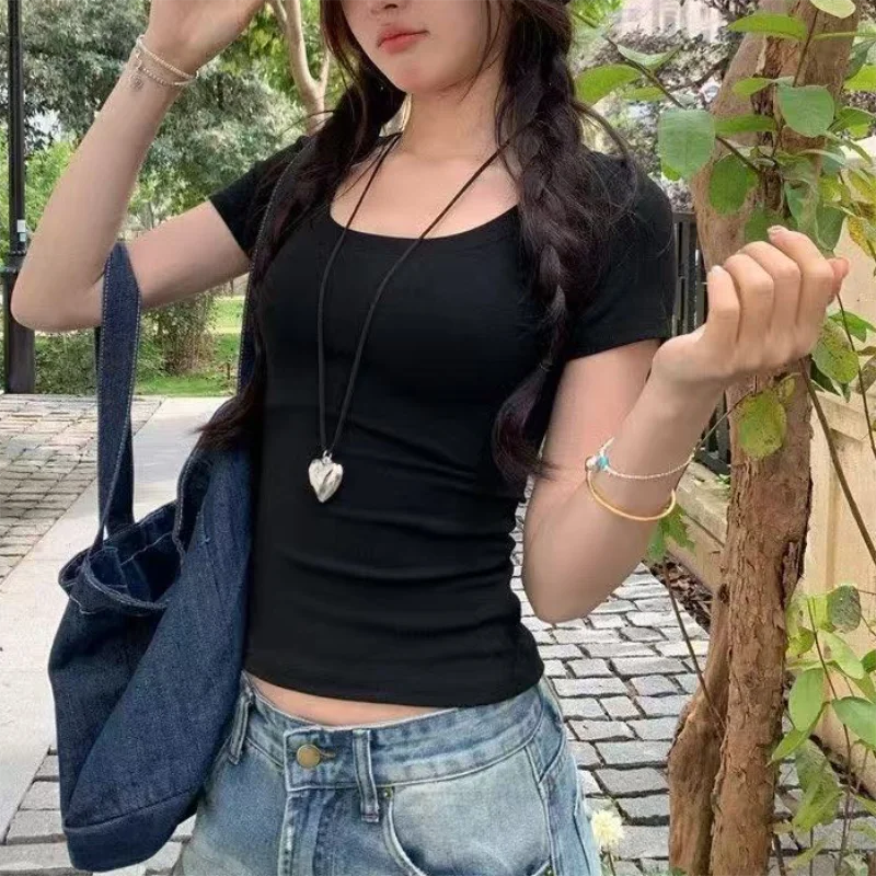 الصلبة اللون لينة الأساسية الأعلى للنساء الصيف نحيل مثير تي شيرت U طوق قميص قصير الأكمام أعلى لفتاة الساخنة