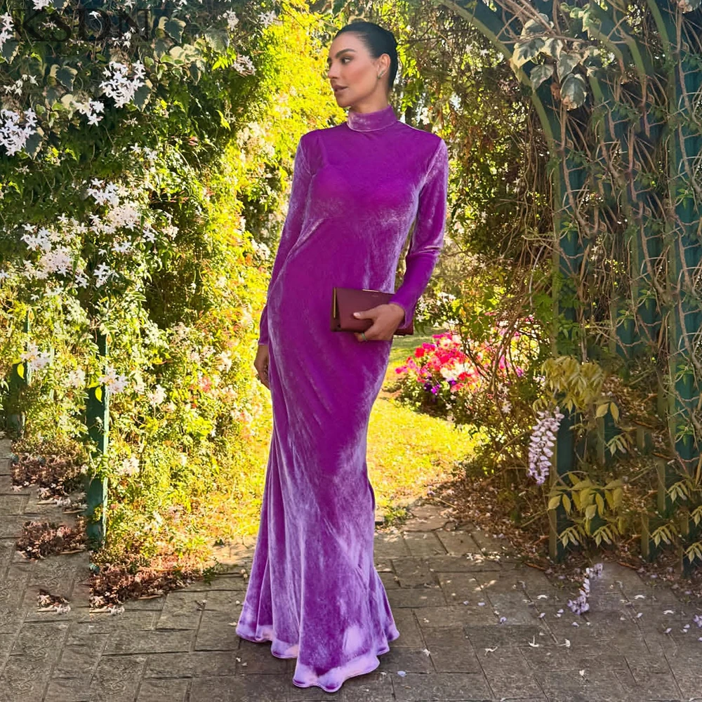 

KSDN Luxury High Neck Evening Dresses Elegant Long Sleeve Velvet Sweep Train Gowns Customzied Special Occasion Prom Dress
