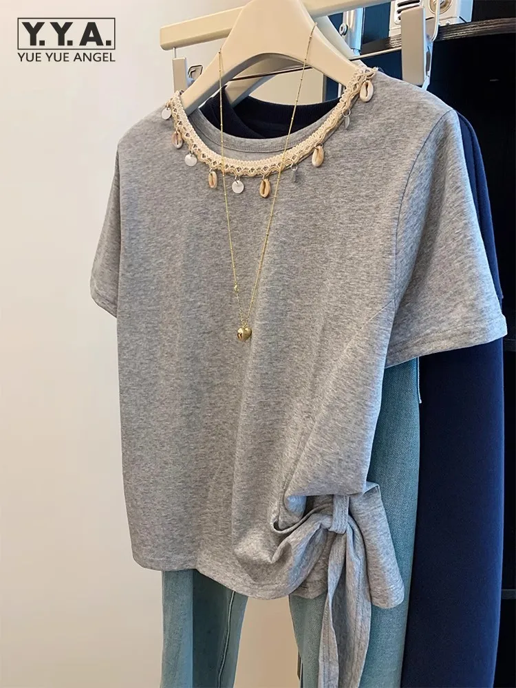 

Летняя корейская модная женская футболка с асимметричным галстуком и короткими рукавами, повседневные повседневные топы с круглым вырезом, молодежный шикарный пуловер, новинка 2023 г.