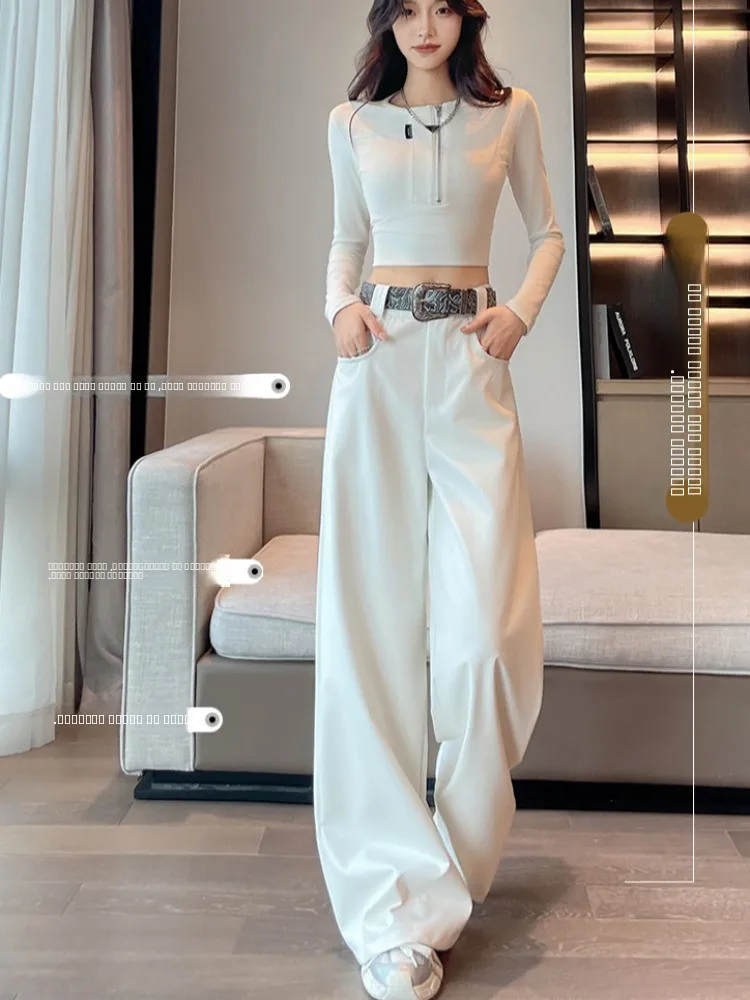 Calças Casuais de Couro PU de Cintura Alta e Drapeado para Mulheres, Cor Dourada, Calças Largas e Soltas para o Outono