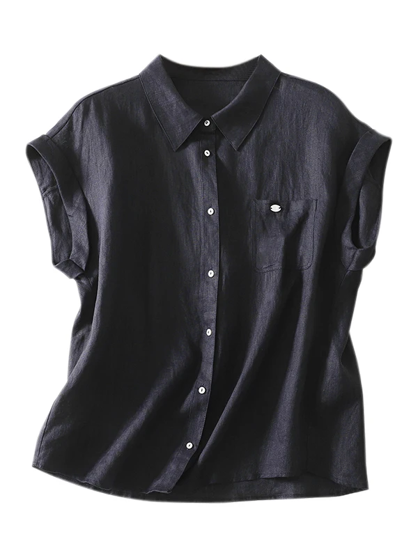 

Ele Thin-Lined ort-Sve Linen irt Women's Summer Faionable Collar Top Loose Fit Regular Length Single Button