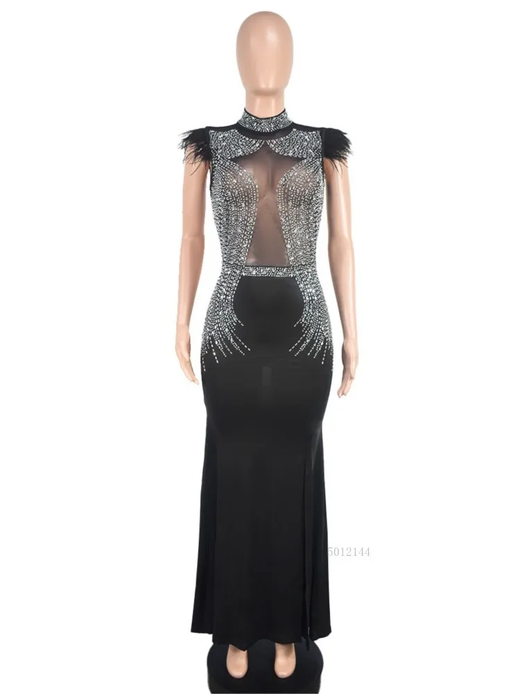 2026 Women Sleeveless Sexy Evening Long Mermaid Dress Rhinestone Mesh Patchwork Split Side Elegant Party Maxi Dress Black White