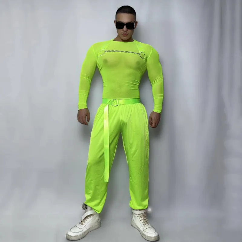 섹시한 투명 형광 녹색 나이트 클럽 바 근육 남자 DJ 고고 의상 폴 댄스 의상 댄서 팀 파티 레이브 무대 의상