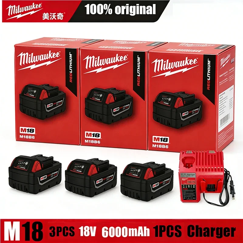 

100% Milwaukee Original 6000mAh M18 18V Battery,M18B6 M18B5 Suitable for Milwaukee Power Tools Rechargeable Lithium Battery