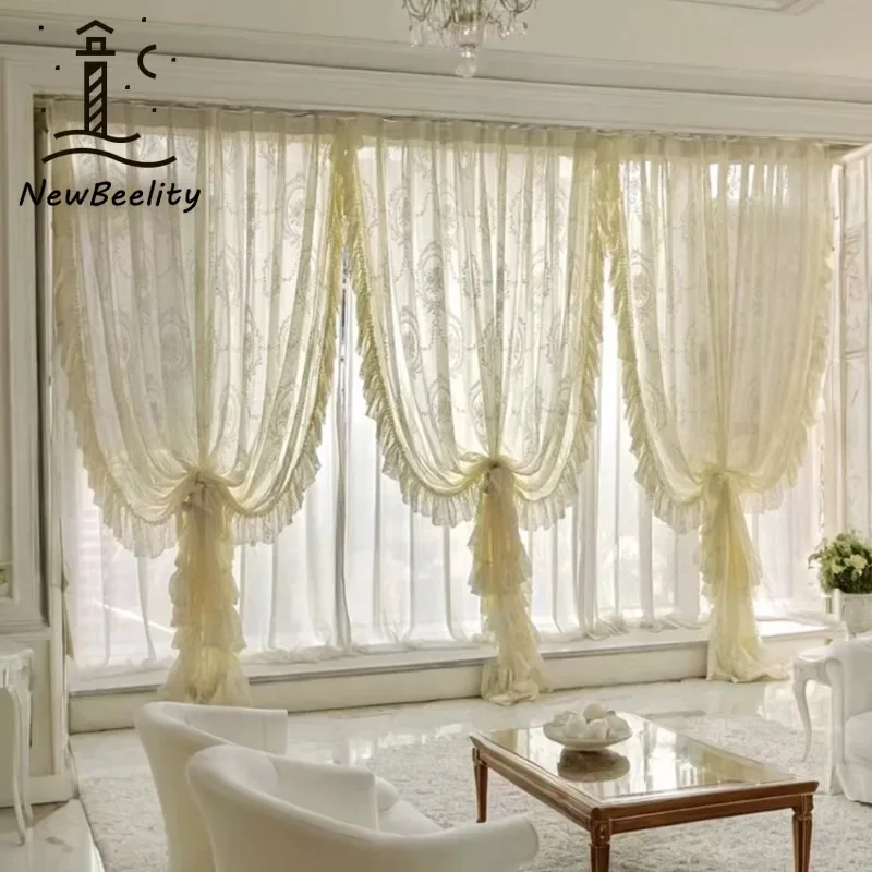 French Lace Pastoral Tulle Water Waves Ruffles Curtains for Living Room Bedroom Dining Transparent Luxury White High-end Gauze