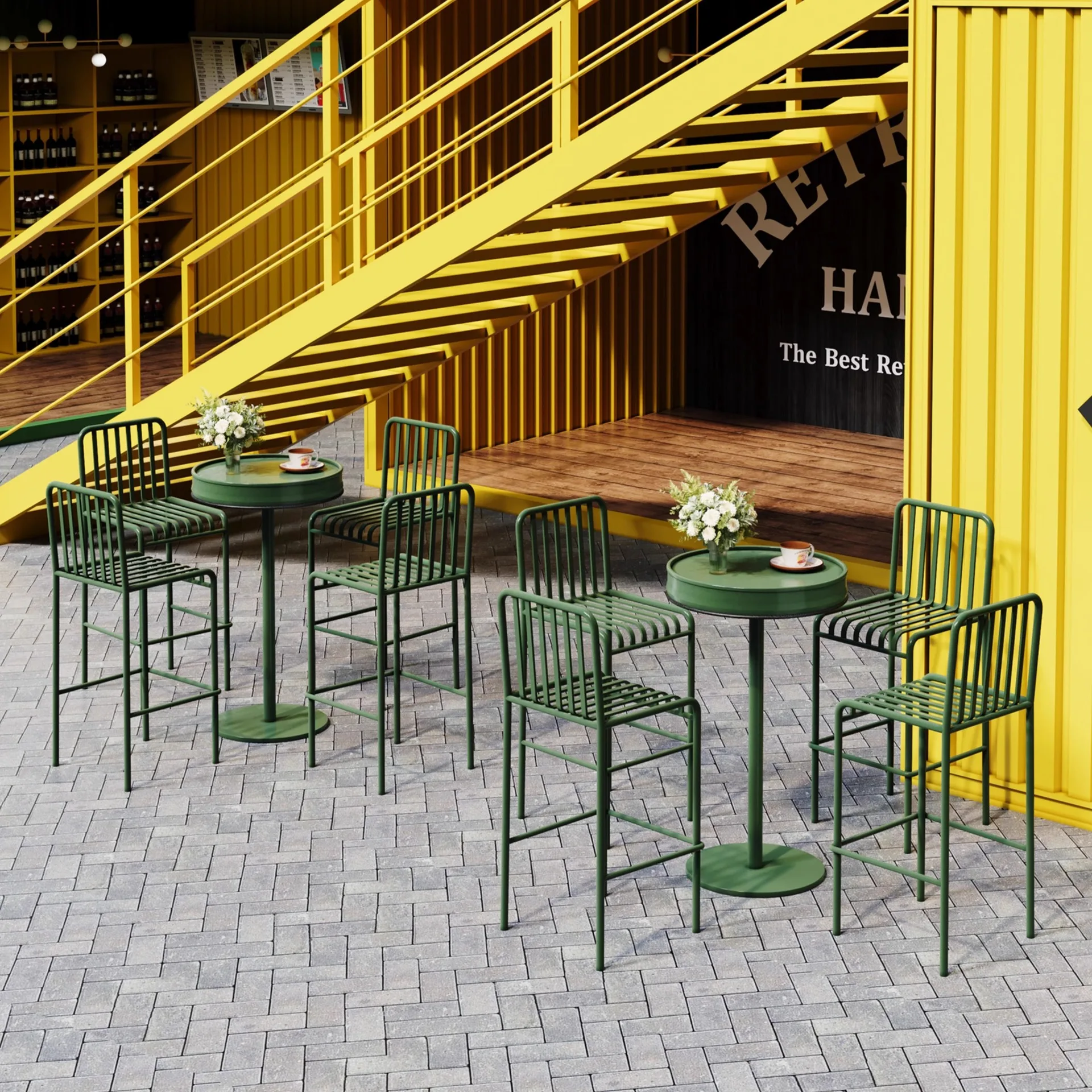 Modern Minimalist Outdoor Iron Bar Height Dining Set Sunproof Apartment Restaurant Patio Furniture Lightweight & Strong