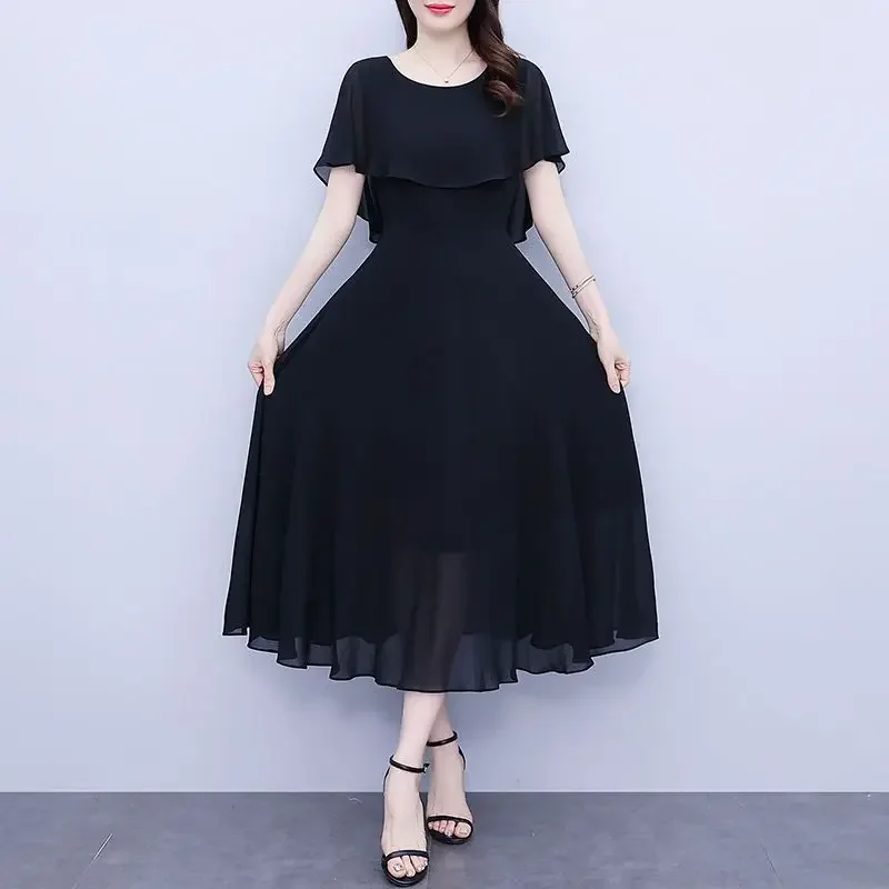 Pulôver feminino de verão, cor sólida, manga borboleta, chiffon, gola redonda, gaze confortável, em camadas, elegante, saias no joelho, vestidoszt19