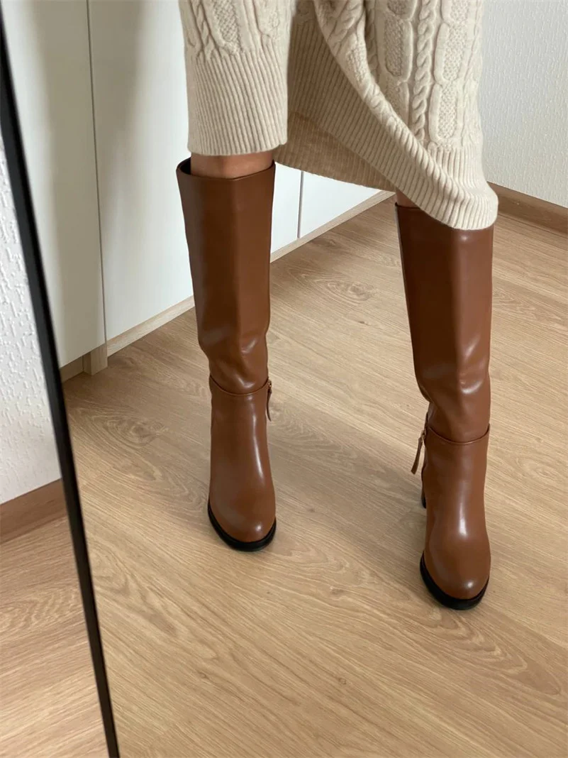 Meotina Ins Women Genuine Leather Knee High Boots Round Toe Platform Block High Heel Lady Zipper Long Boot Autumn Winter Shoes