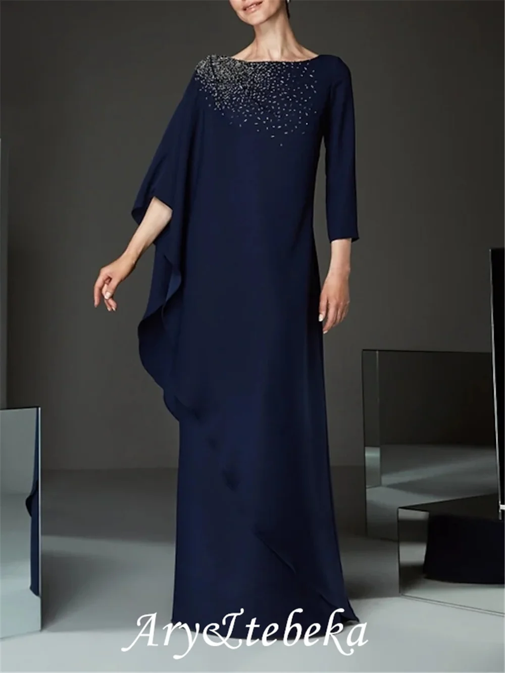 Mother of the Bride Dress Plus Size Elegant Bateau Neck Floor Length Chiffon Half Sleeve with Bead