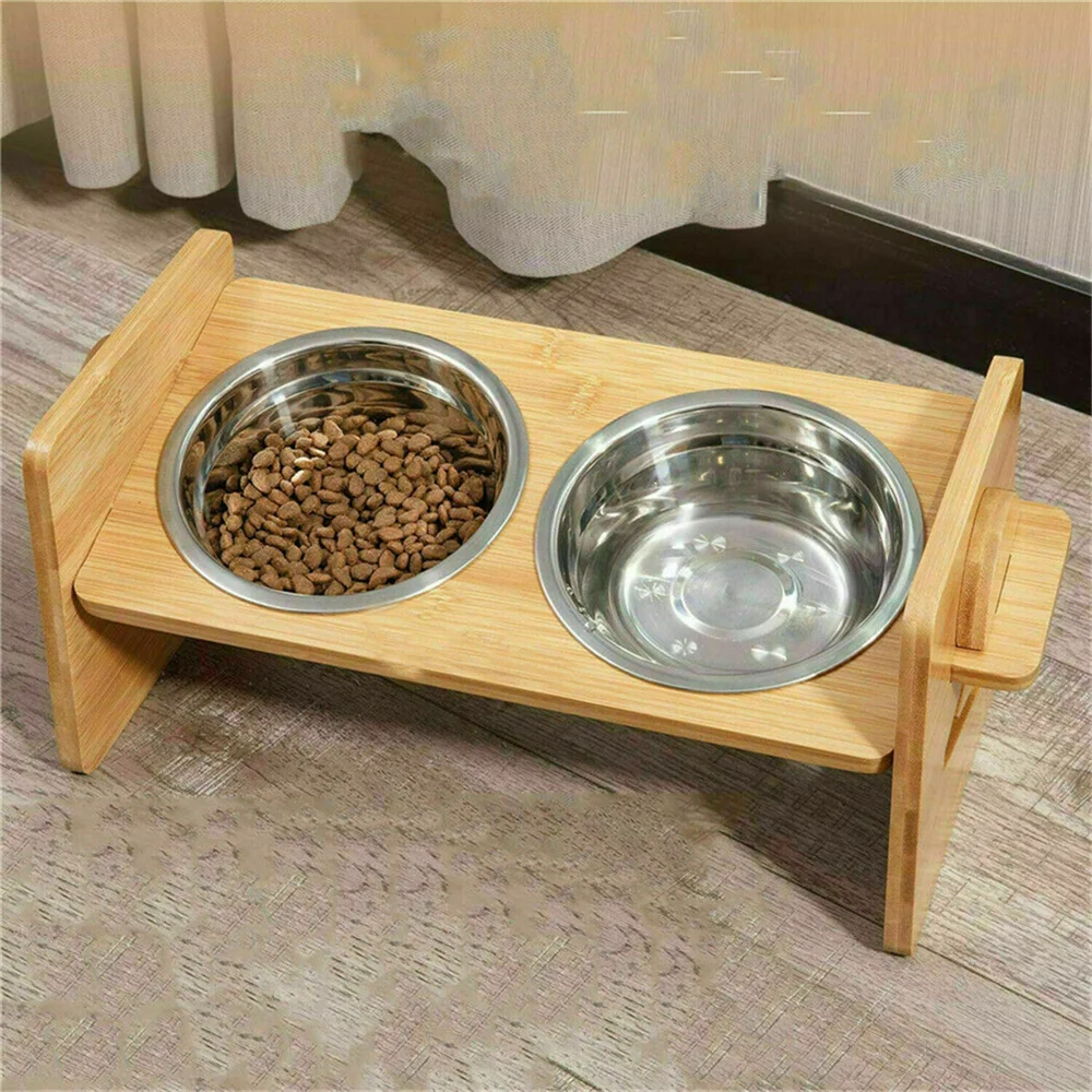 Elevated Dog Bowls with Stand Raised Dog Bowls 4 Heights Adjustable Dog Bowls Bamboo Dog Feeding Station 2 Stainless Steel Bowls