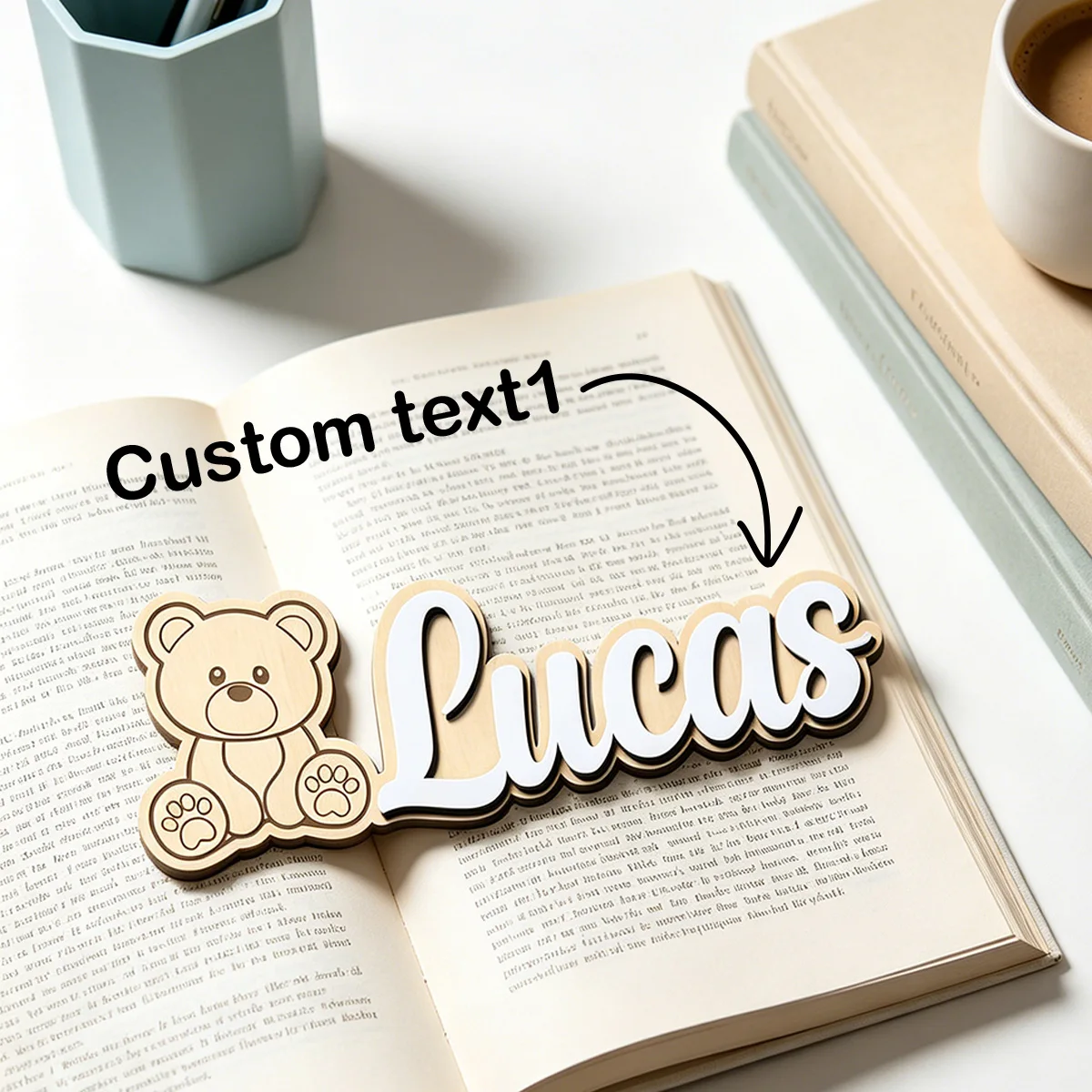 1pc double-layer wooden surname brand, teddy bear pattern, personalized children's room decoration, baby name identification view 4