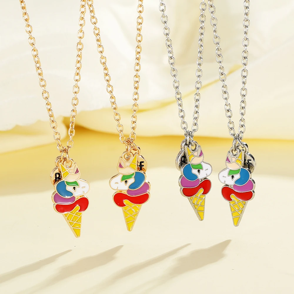 2Pcs/Set Cute BFF Charms Unicorn Ice Cream Pendant Necklace Best Friends Chain Long Distance Relationship Jewelry